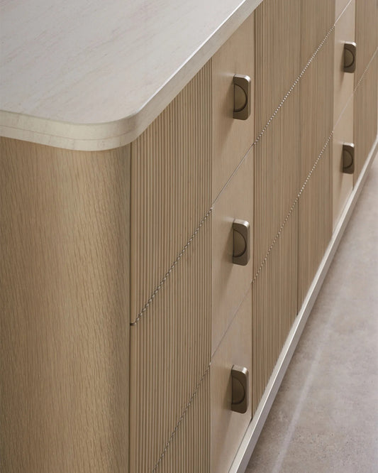 Elegant Rhythm Chest: Six Drawer Modern Oak Finish Console with Marble Top