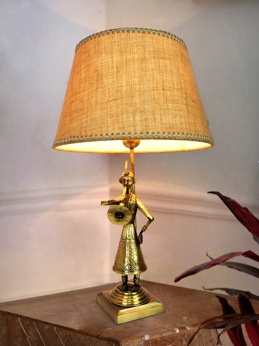 Exquisite Rajasthani Been Belle Brass Table Lamp, 14-Inch Tapered Jute Shade, Antique Finish
