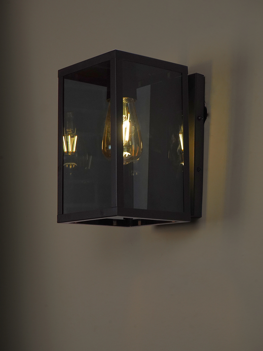 Modern Cuboid Black Steel Glass Wall Light - Indoor Outdoor Sconce Fixture