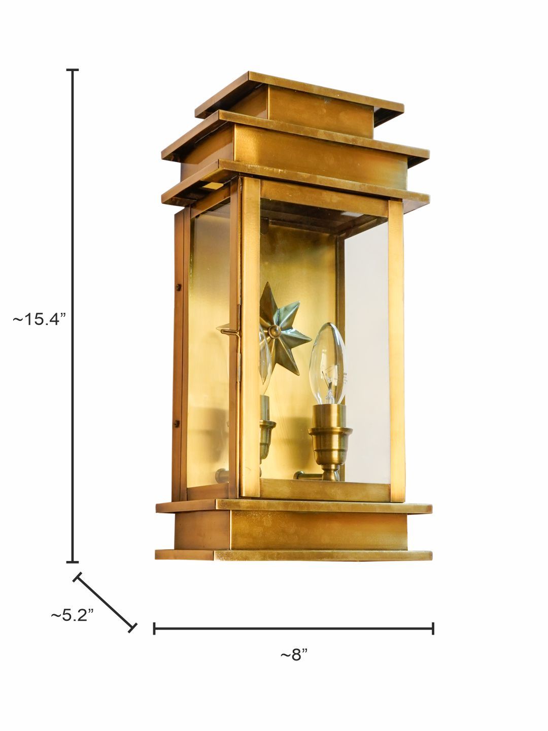 Elegant Antique Brass Art Deco Star Rectangular Wall Sconce with Glass Panels