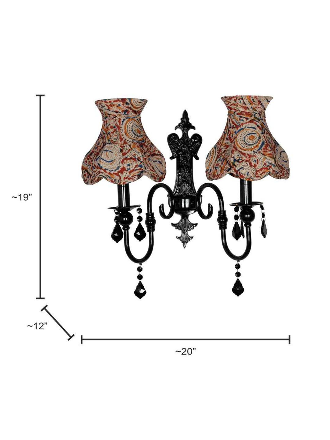Elegant Black Double Wall Sconce with Kalamkari Shades & Sparkling Crystals