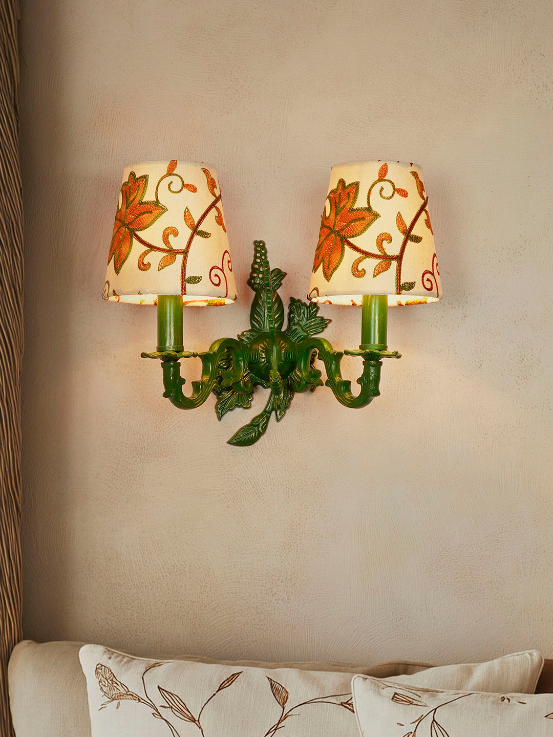 Traditional Double Green Aluminium Wall Sconces, Kashida Velvet Shades, Leaf Motif