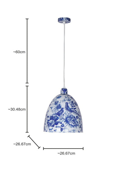 Elegant Chinoiserie Blue Pottery Bird Print Metal Bell Pendant Light for Homes