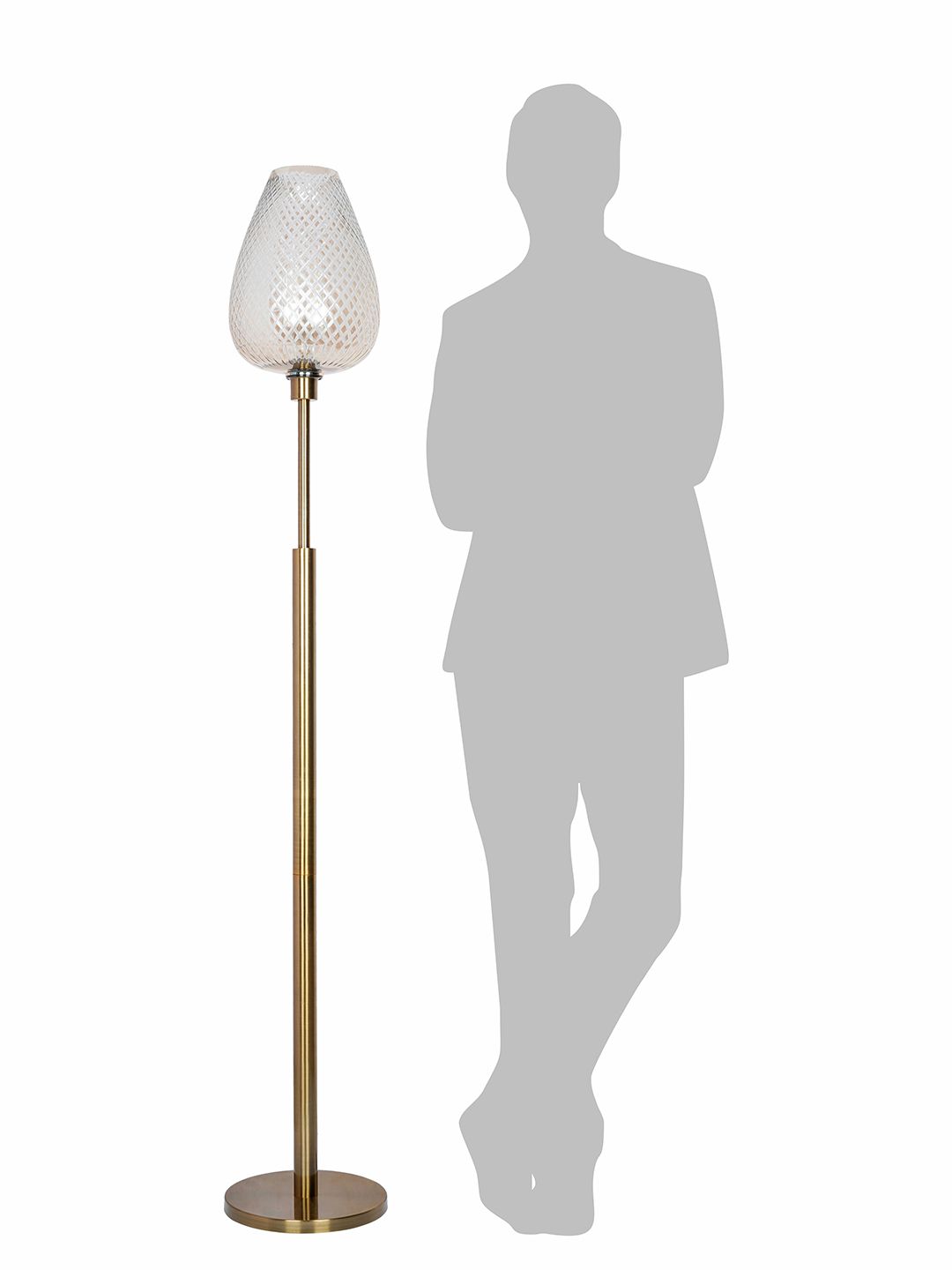 Elegant Mid-Century Golden Floor Lamp with Cut Glass Egg-Shaped Shade