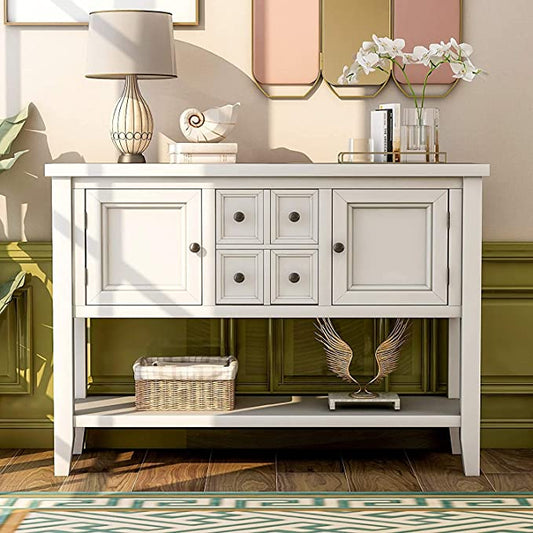 Designs Buffet Cabinet Kitchen Storage Buffet and Sideboard Table Console Tables with Four Storage Drawers Two Cabinets and Bottom (White)
