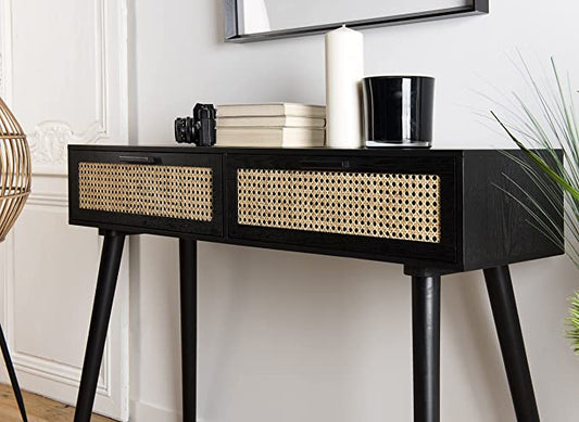 2 Black Wood Console with Cane Drawers (Black)