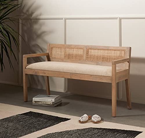 Mango Wood Montoya Padded Bench, Brown  In Stock