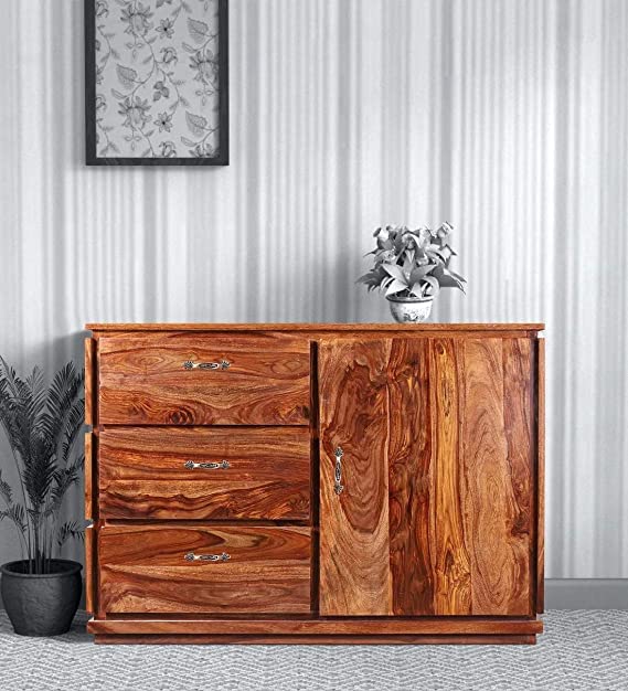 Wooden Sideboard Cabinet for Living Room | Kitchen Storage Side Board with 3 Drawers & Cabinet | Sheesham Wood (Honey Finish)