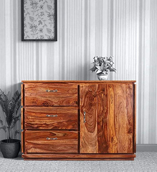 Wooden Sideboard Cabinet for Living Room | Kitchen Storage Side Board with 3 Drawers & Cabinet | Sheesham Wood (Honey Finish)