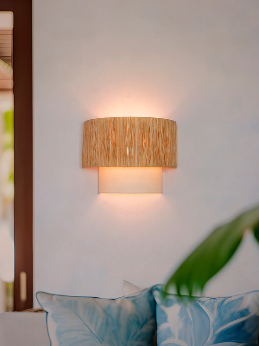 Elegant 12-inch Half Concentric Drum Wall Sconce, Raffia and White Fabric