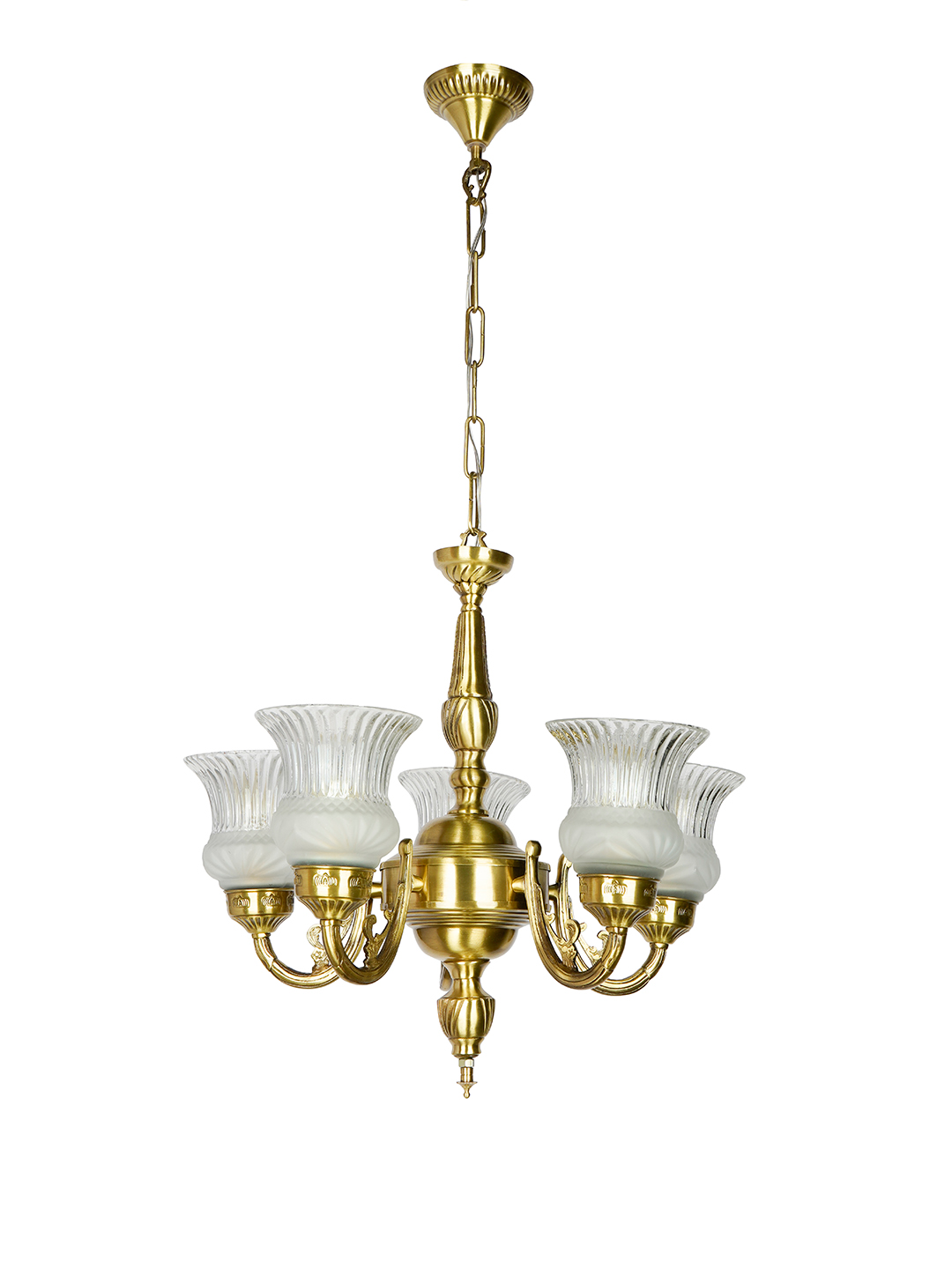 Usha 5 Light Antique Brass Chandelier with Frosted Glass Shades, Traditional Design