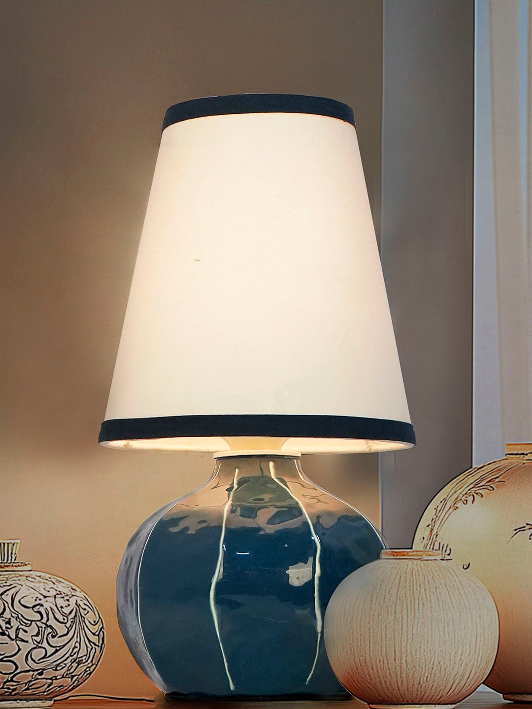 Enamel Blue Melon Shaped Table Lamp Hand-Painted White Lines Modern Accent