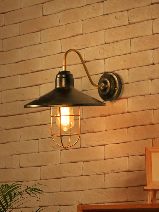 Vintage Industrial Farmhouse Wall Sconce - Antique Gold Metal Cage Light