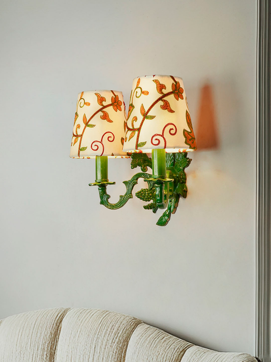 Traditional Double Green Aluminium Wall Sconces, Kashida Velvet Shades, Leaf Motif