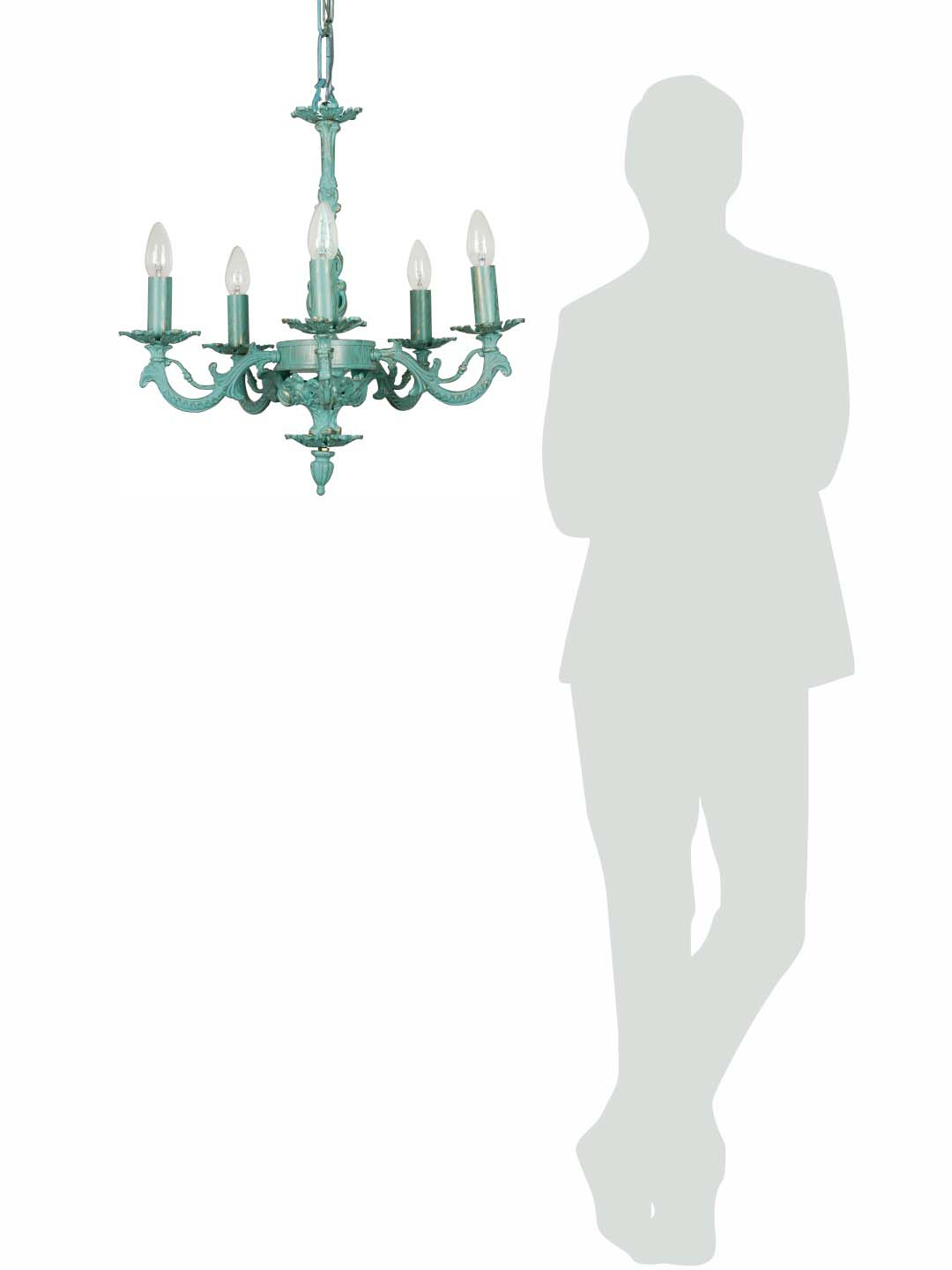 Antique Distressed Green Cast Aluminium 5-Light Candelabra Chandelier for Grand Spaces