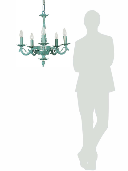 Antique Distressed Green Cast Aluminium 5-Light Candelabra Chandelier for Grand Spaces