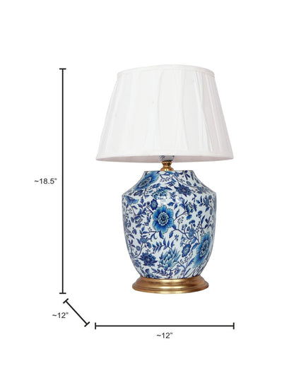 Elegant Chinoiserie Blue Pottery Table Lamp with Ivory Pleated Shade