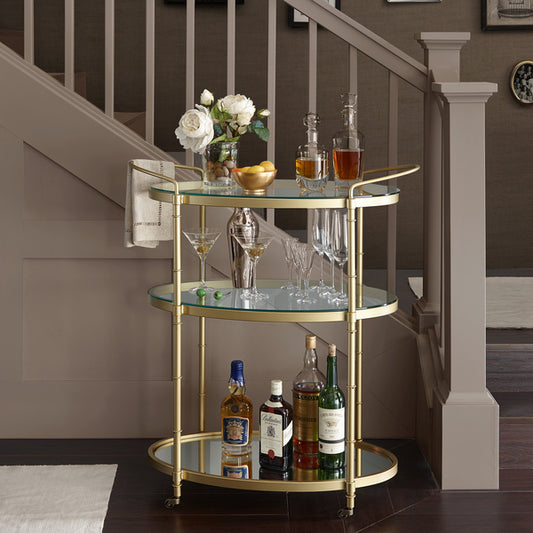 Luxurious Antique Gold Finish Rolling Bar Cart with Glass Shelves