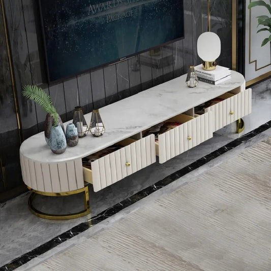 Elegant White Marble Top TV Unit with Gold Metal Base and 3 Drawers
