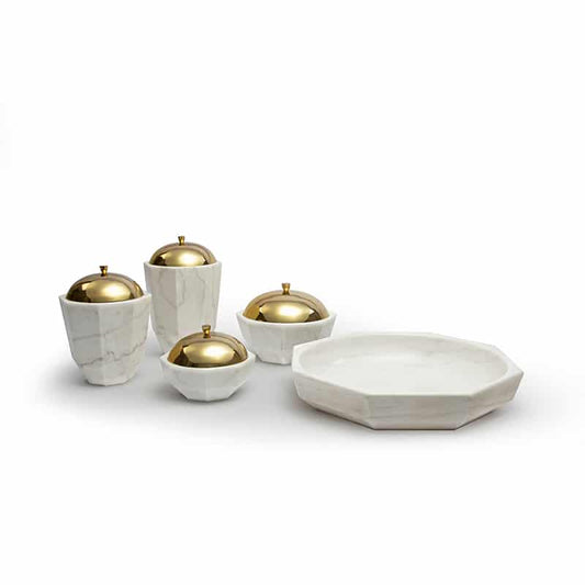 Elegant White Marble Facet Collection Bowl with Brass Lid