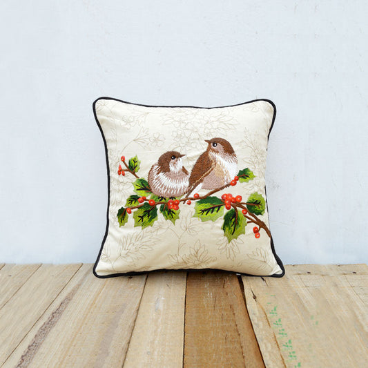 Embroidered Love Birds Cotton Pillow Cover – Off-White Decorative Throw