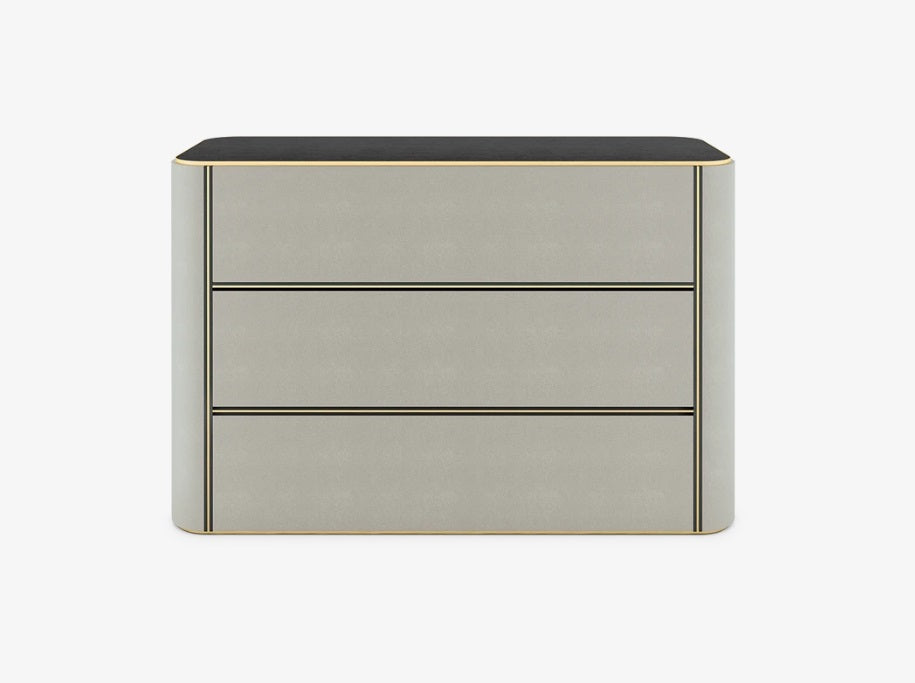 Modern Japan Faux Leather 3-Drawer Chest: Brass Accents, Curved Design Storage