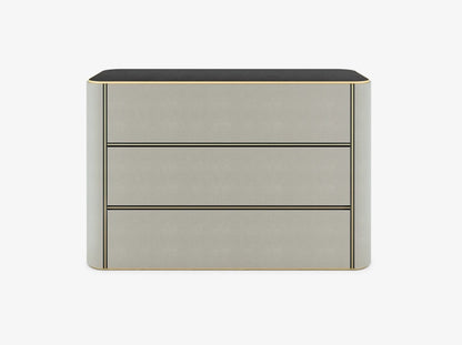 Modern Japan Faux Leather 3-Drawer Chest: Brass Accents, Curved Design Storage