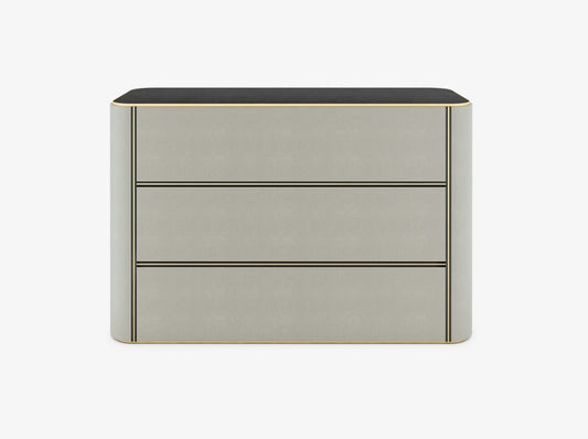 Modern Japan Faux Leather 3-Drawer Chest: Brass Accents, Curved Design Storage
