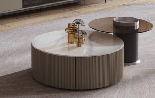 JLO Modern Coffee Table Set of 2: White Marble Top, Steel Legs, Wood Finish