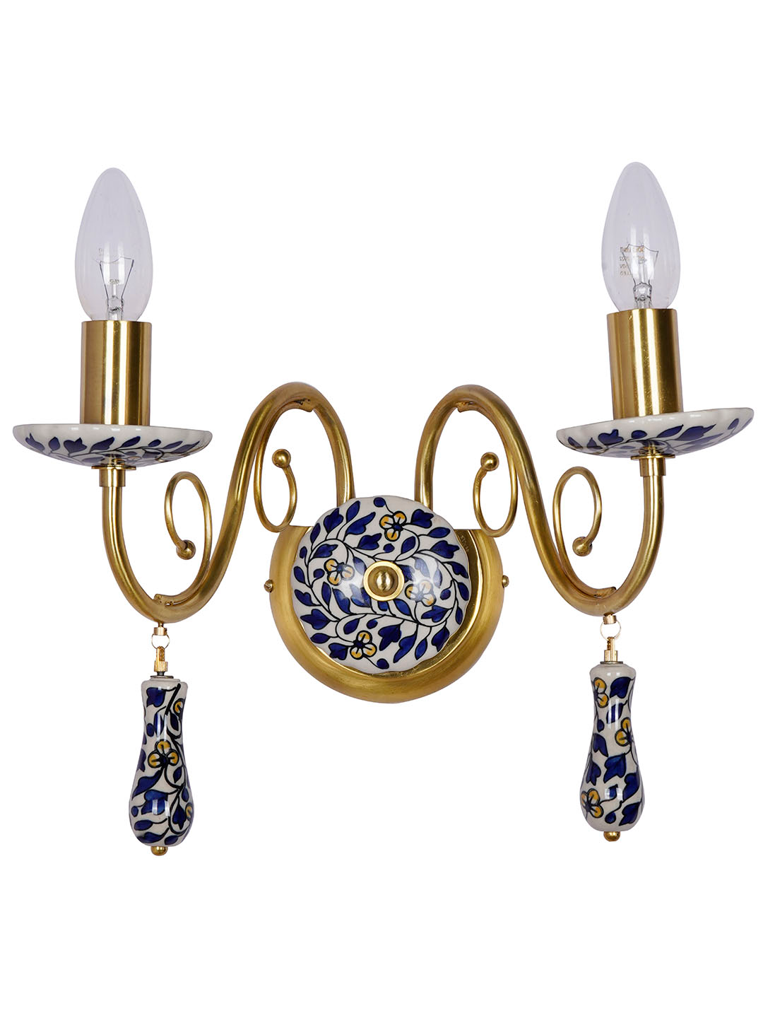 Handcrafted Blue Pottery Floral Wall Sconce: Baroque Rococo Style Ceramic Elegance