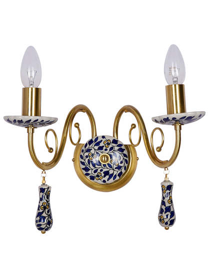 Handcrafted Blue Pottery Floral Wall Sconce: Baroque Rococo Style Ceramic Elegance