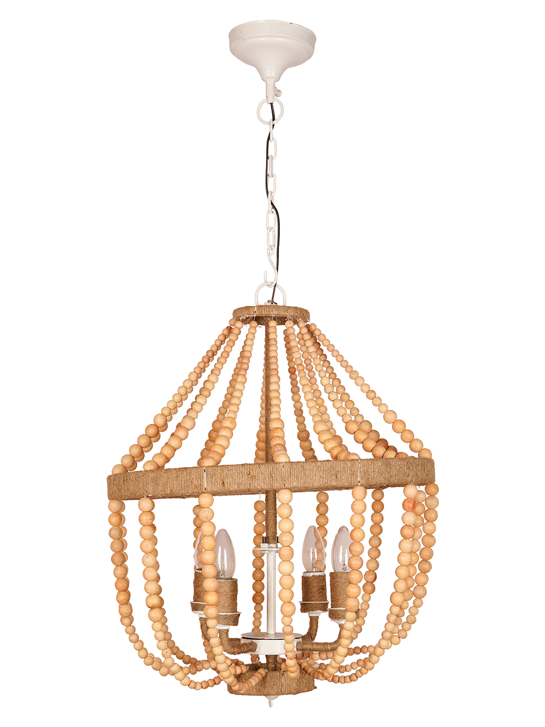Bohemian Natural Wood Bead Empire Chandelier | Jute Wrapped 4-Light Fixture