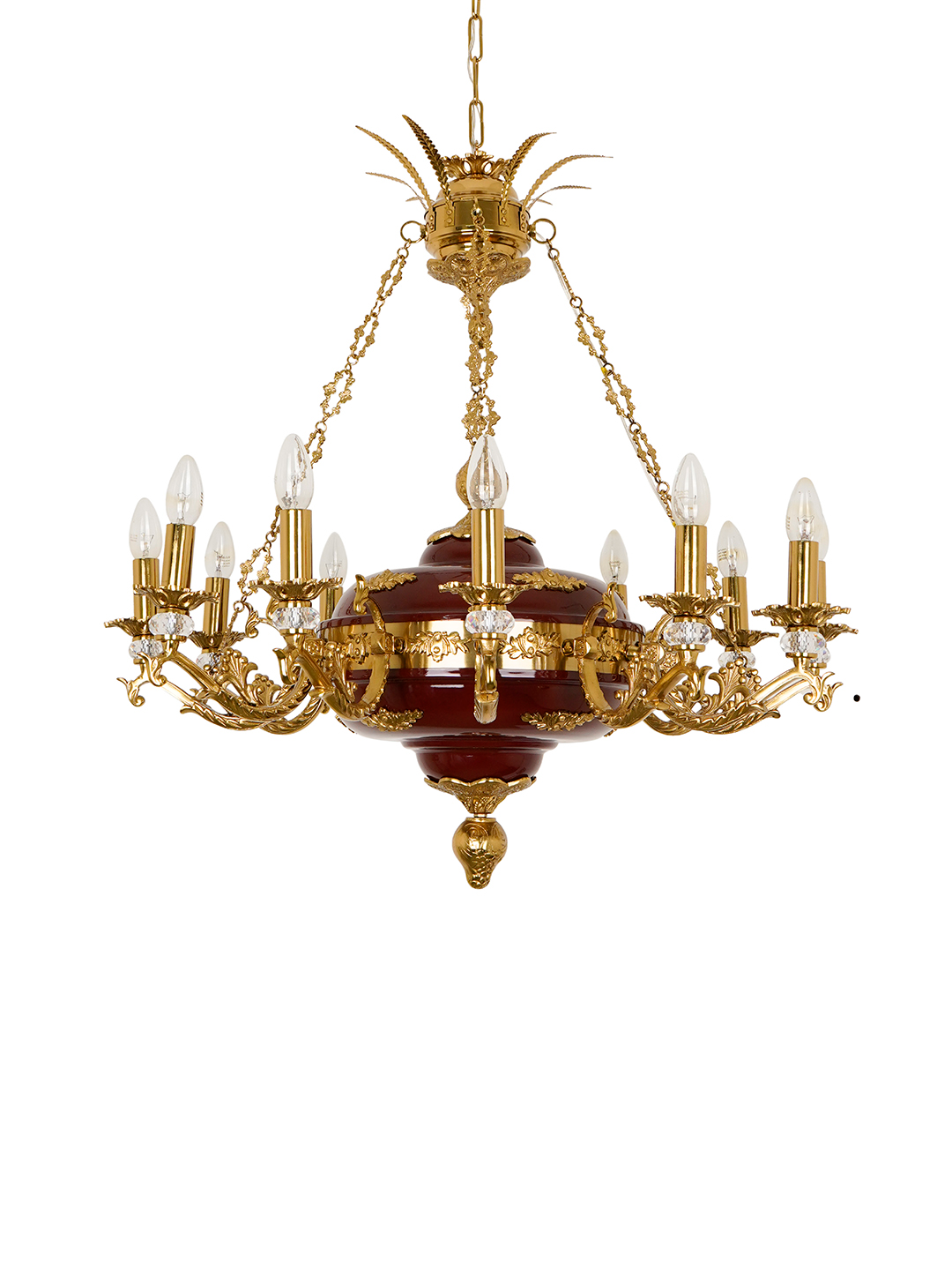 Vintage 32-Inch Candelabra Chandelier with Cast Aluminum Arms, Crystals, Maroon