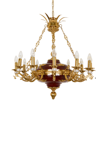 Vintage 32-Inch Candelabra Chandelier with Cast Aluminum Arms, Crystals, Maroon