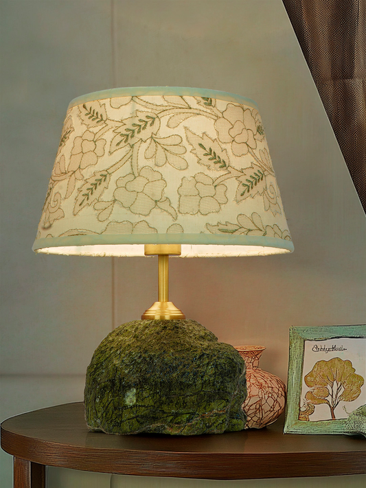 Elegant Green Bidasar Marble Table Lamp with Embroidered Shade