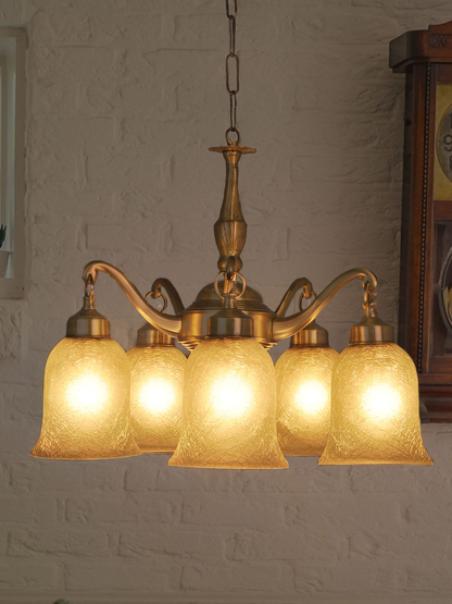 Opulent Classic 5-Light Brass Chandelier with Frosted Crackle Glass Shades, Antique Finish