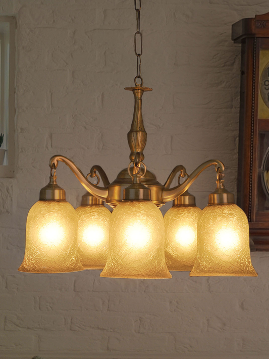 Opulent Classic 5-Light Brass Chandelier with Frosted Crackle Glass Shades, Antique Finish