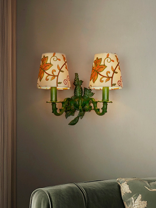 Traditional Double Green Aluminium Wall Sconces, Kashida Velvet Shades, Leaf Motif