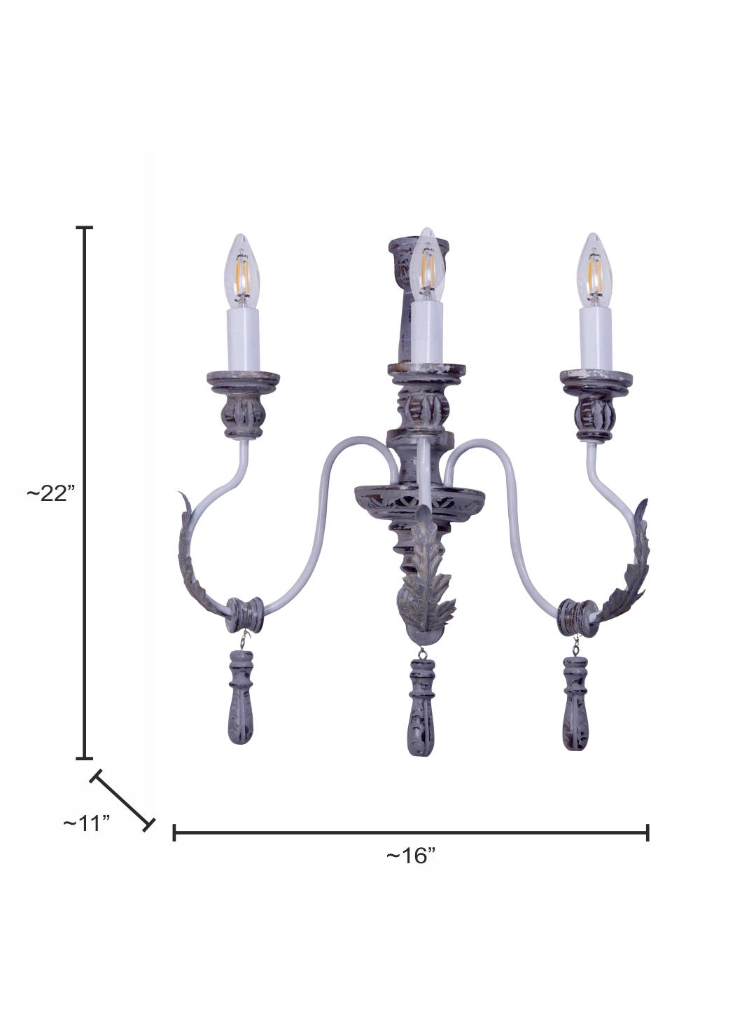 Provincial Rustic Grey Wood Wrought Iron 3-Light Candelabra Wall Sconce