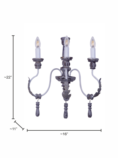 Provincial Rustic Grey Wood Wrought Iron 3-Light Candelabra Wall Sconce