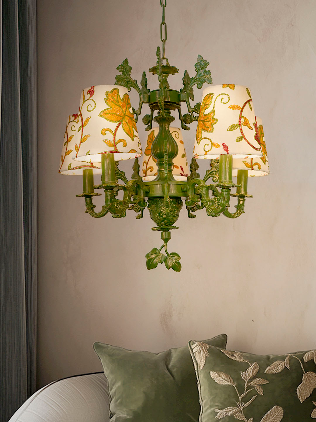 Elegant 5-Light Candelabra Chandelier: Hand-Embroidered Kashida Velvet Shades, Green Finish