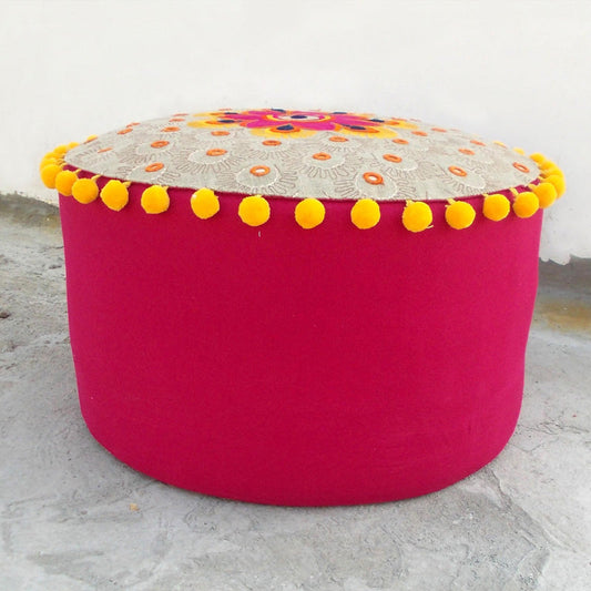 Handcrafted Bohemian Linen Pouf Cover with Multicolor Embroidery