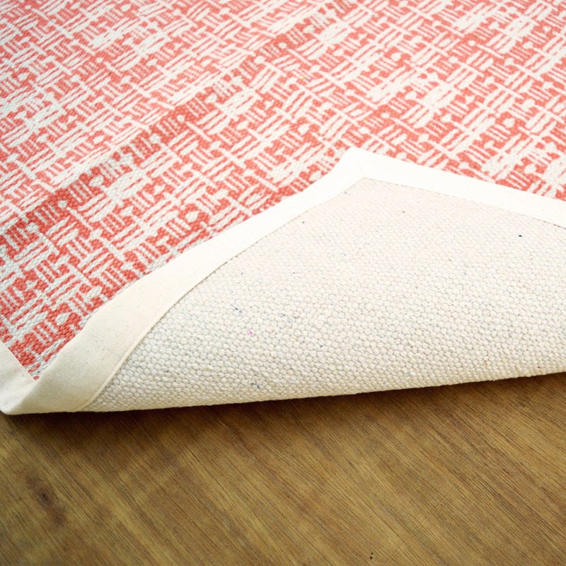 Coral & Off-White Cotton Flatweave Rug | Basket Weave Print | Dhurrie | 3 Sizes