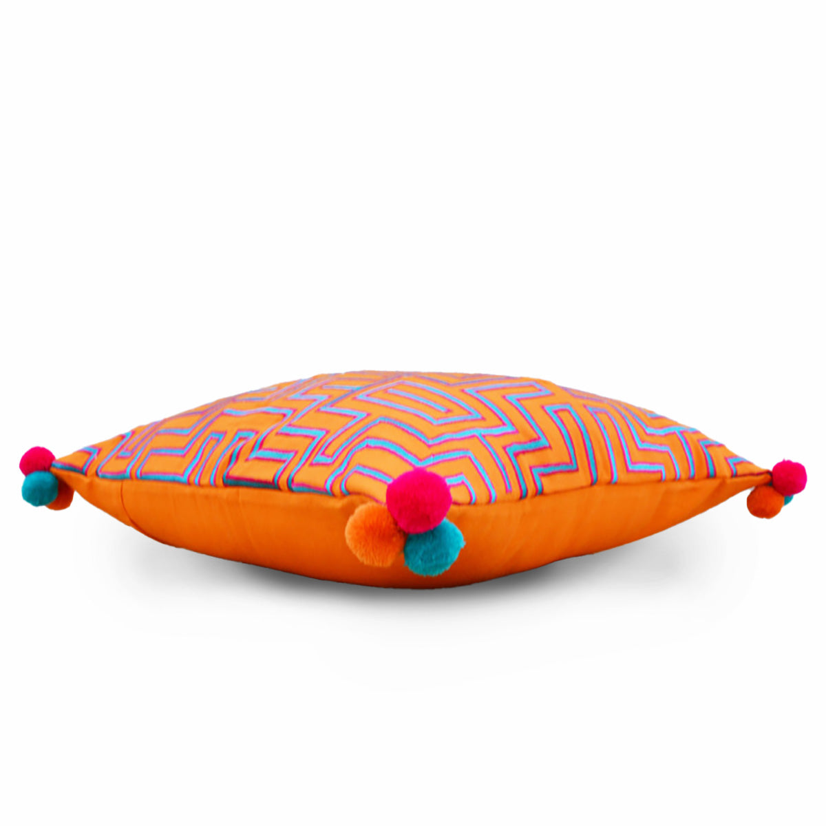 Mola Inspired Tangerine Orange Embroidered Cushion Cover – Blue & Pink Pompom Corners, 3 Sizes