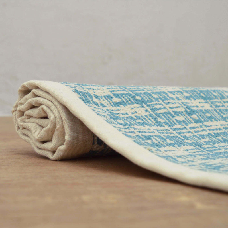 Teal Blue Texture Weave Print Cotton Rug – Handmade in India, 100% Cotton | 2 Sizes