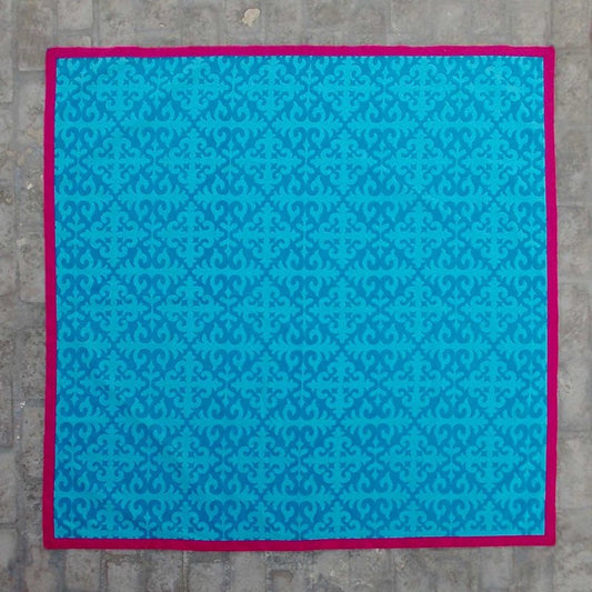 Vibrant Turquoise Shyrdak Print Cotton Tablecloth - Moroccan Pattern Home Decor