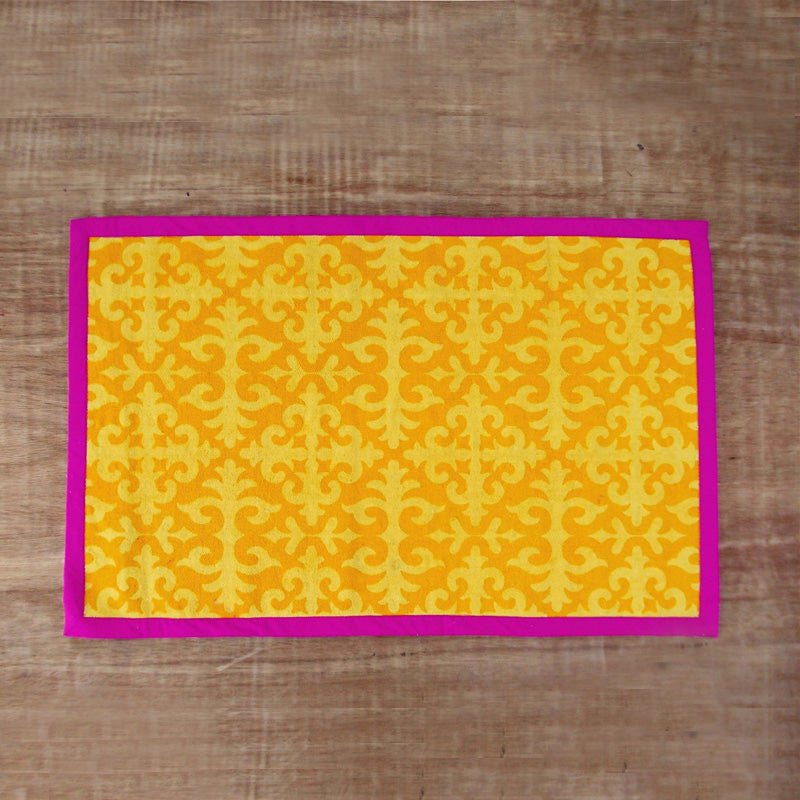 Shyrdak Yellow Moroccan Print Cotton Rug – Scrolling Vine Pattern, Hot Pink Binding | 3 Sizes