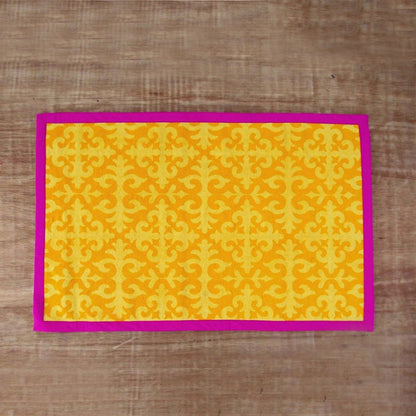 Shyrdak Yellow Moroccan Print Cotton Rug – Scrolling Vine Pattern, Hot Pink Binding | 3 Sizes