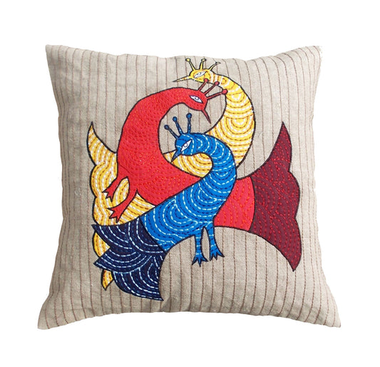 Gondal Art Linen Pillow Cover with Peacock Motif Handcrafted 16x16