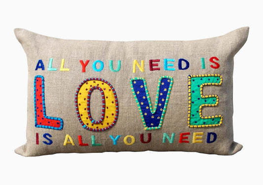 Pillow Talk LOVE Boho Linen Pillow Cover with Vibrant Rajasthan Embroidery